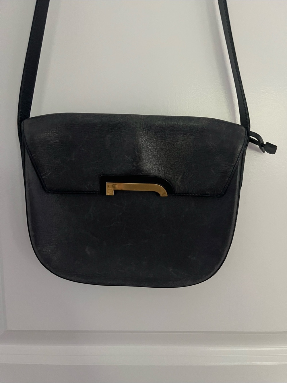 Vintage Delvaux Navy Leather Crossbody  Bag with Gold Accent